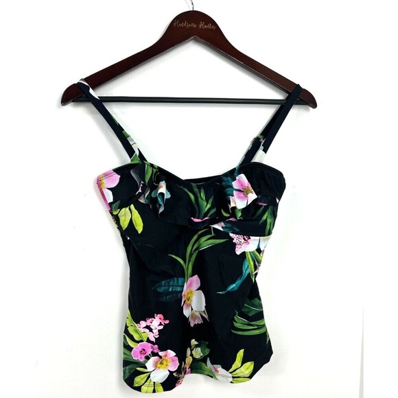 New Island Escape Tahiti Womens Sz 6 Black Floral Tankini Convertible Top 1037N - Picture 4 of 12